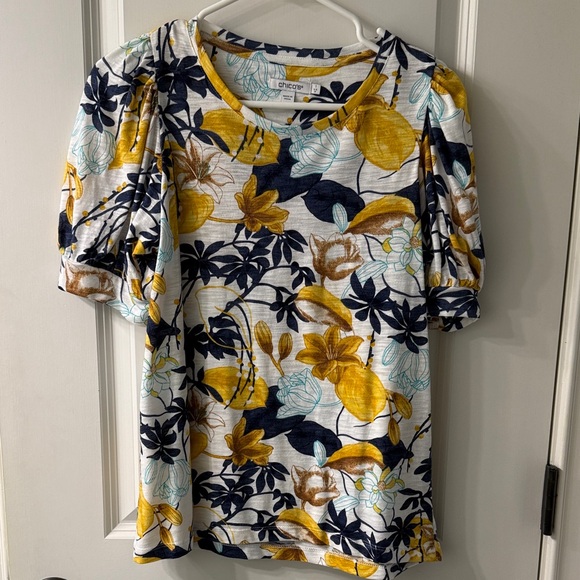 Chico's Vibrant Floral Blouse - Yellow and Navy - Picture 1 of 3